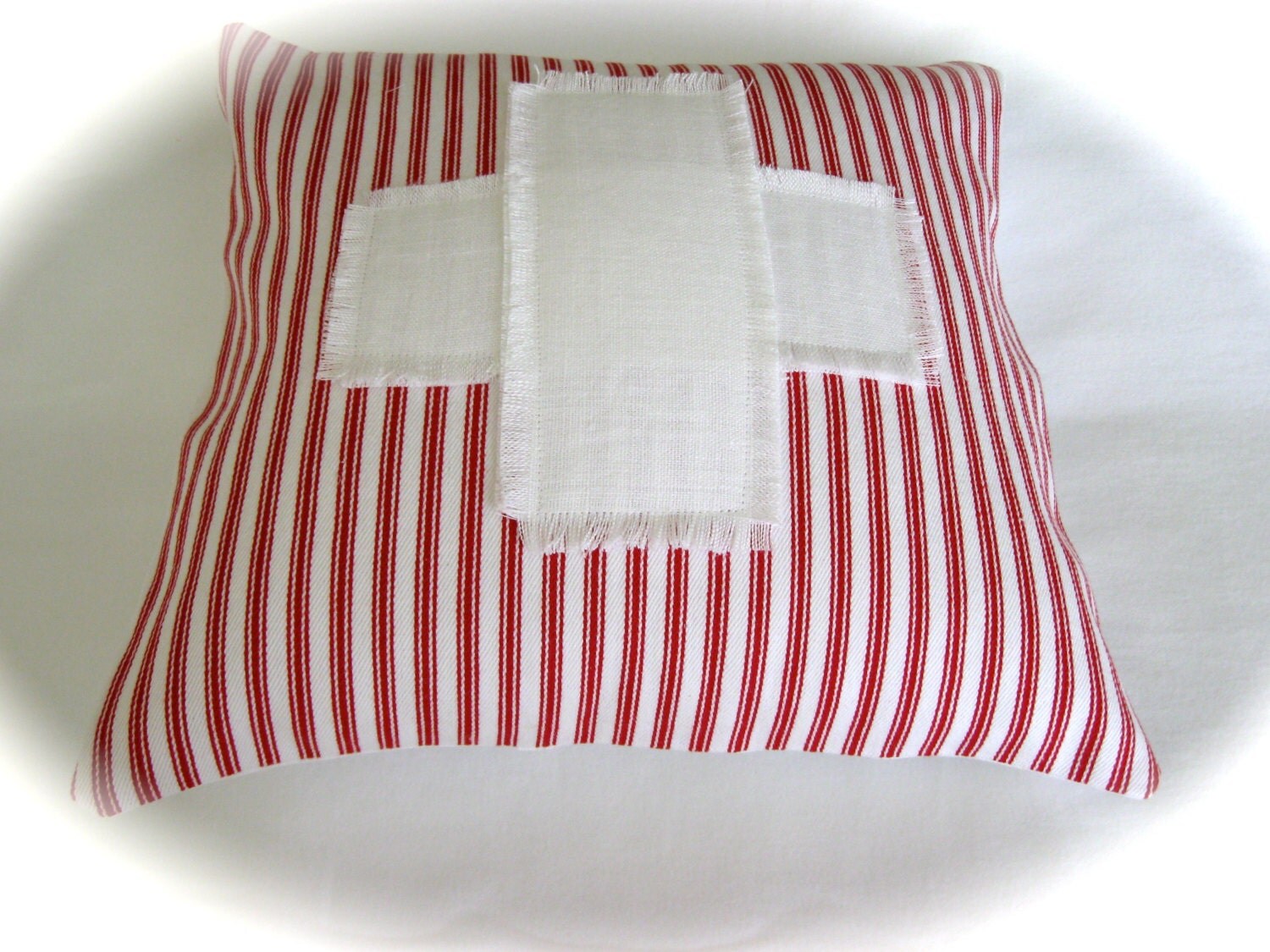 12" x 12" Red And White Ticking Decorative Pillow With Logo