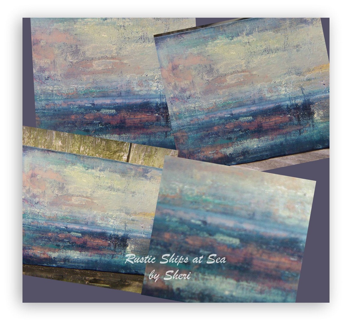 Original Hand Painted  Gold Blue Rustic Ships at Sea  Art Block Acrylic Seascape Painting 7x5x1