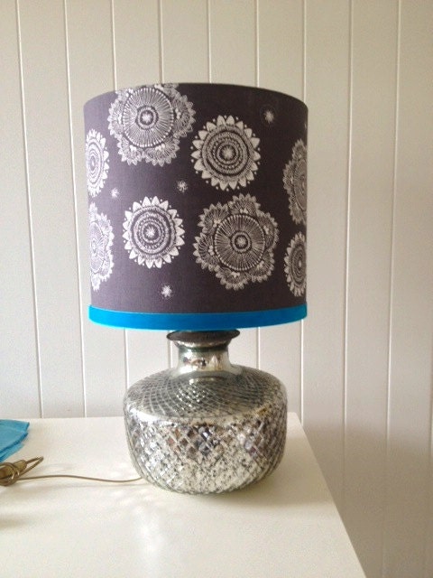Messy Posey lamp shade in charcoal linen with turquoise velvet trim