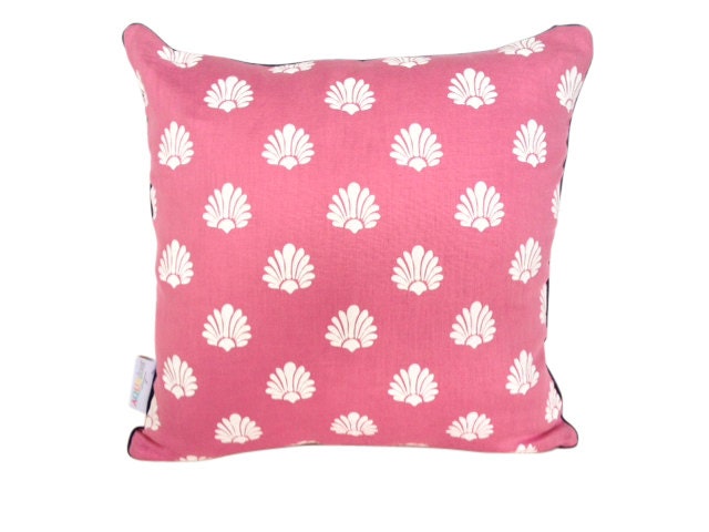 Deco cushion cover in white ink on pink linen with navy piping 42cmx42cm