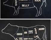 Cow AND Pig Butcher Chart Chalkboard Drawing 11x14