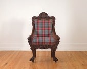 ONE KINGS LANE - Reserved Custom Plaid Wool Upholstered Antique Carved Wood Lion's Head Chair - Horsehair and Nailheads