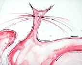 Bright Abstract Cat Illustration with Butterfly, Mixed Media Painting