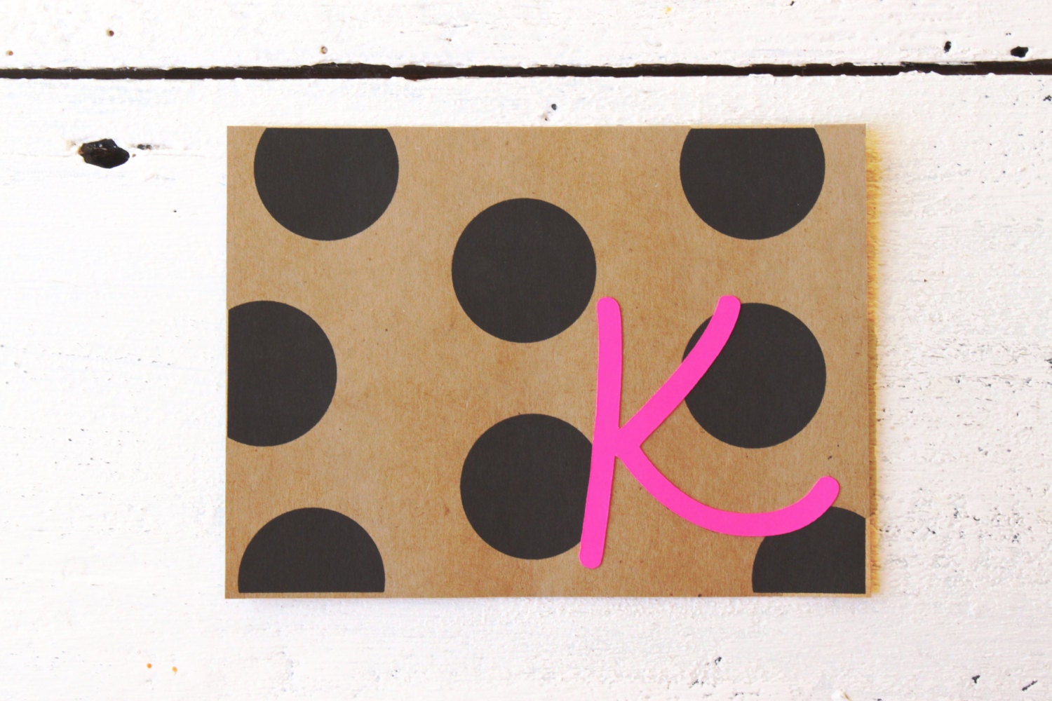 Custom Stationary Neon Pink Initial Stationery Polka Dot Kraft Paper Note Cards Hot Pink Personalized Stationary Grocery Bag - Set of 10
