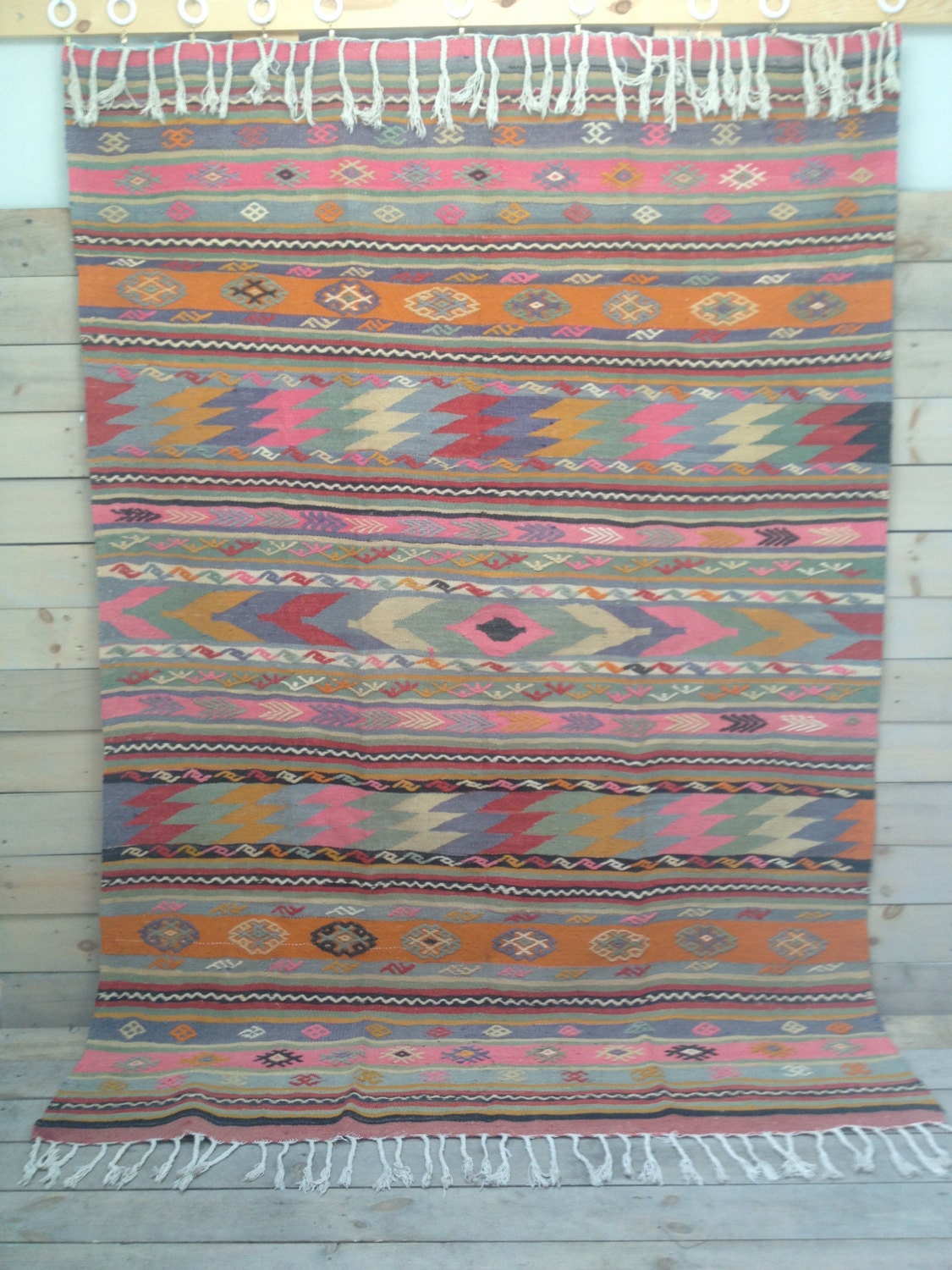 Vintage Turkish Pale Striped Embroidered Kilim Cicim