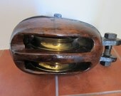 US Navy WWII Double Block Wood and Brass Naval Pulley
