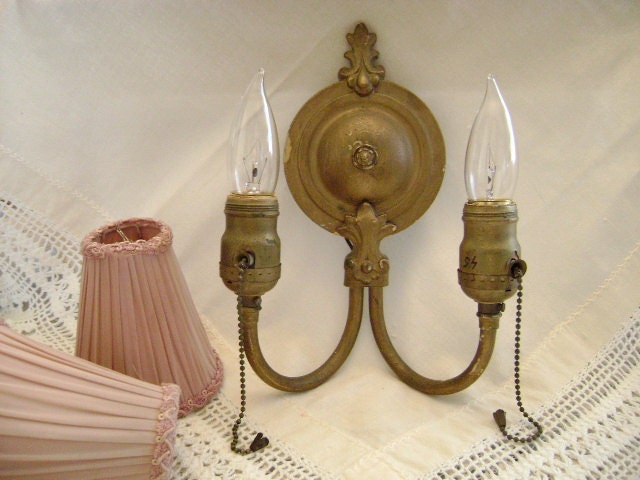 Vintage Wall Sconce - Brass - Double Sconce - Hard Wired - Vintage Petite Shades - Ready to Hang - Romantic Home Decor