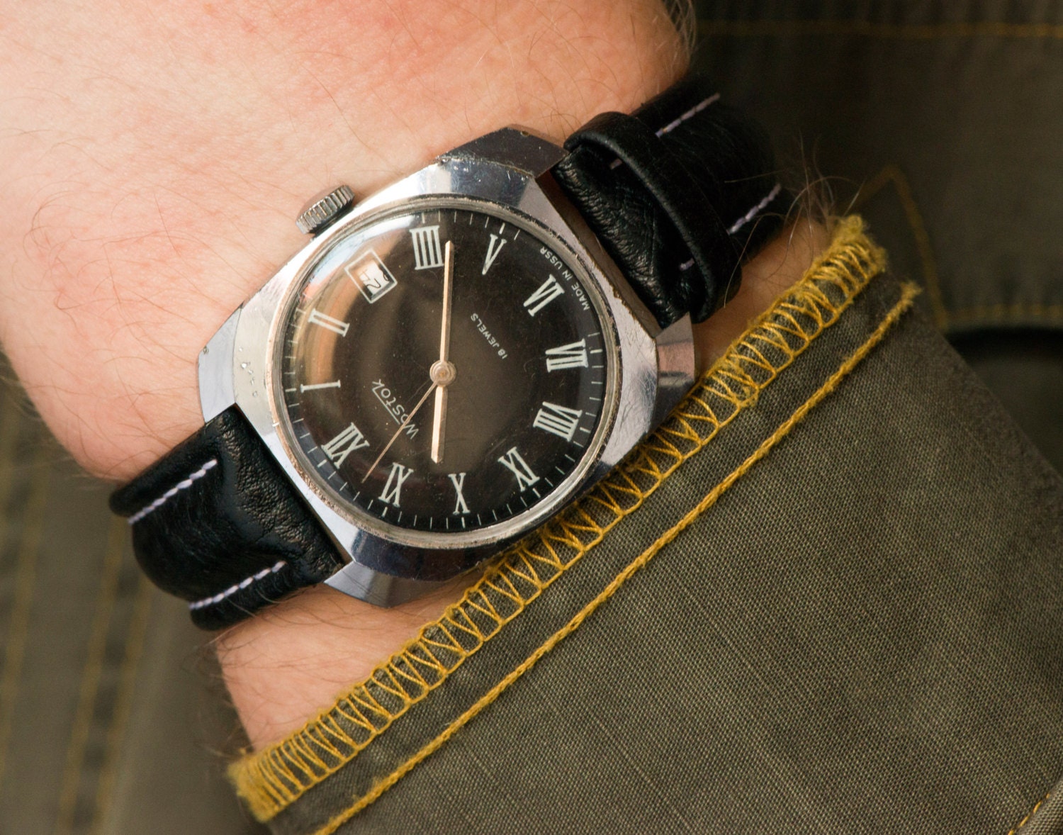 Vintage men's wrist watch Vostok men's watch mechanical black face watch