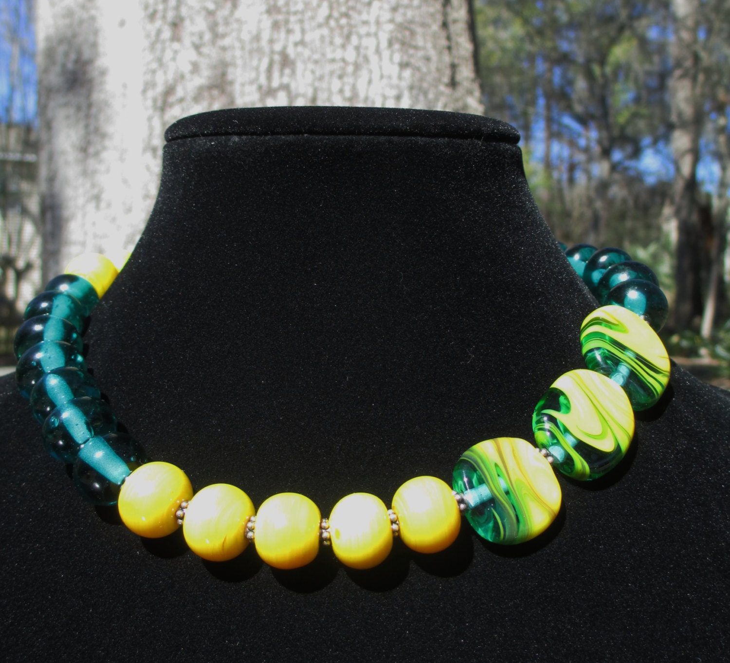 Turquoise and Yellow Lampwork Necklace and Earring Set