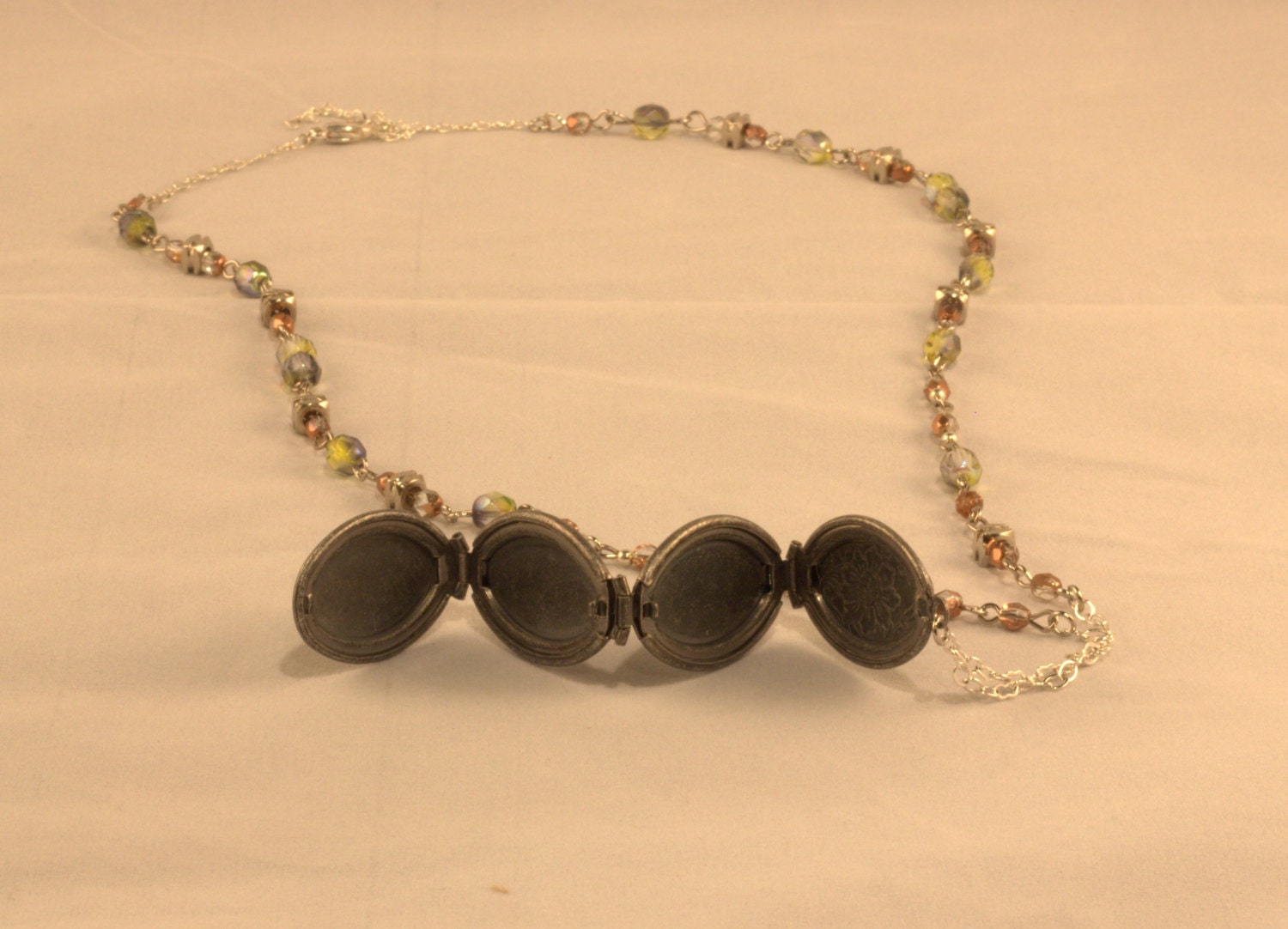 Expandable Four-Photo Locket Necklace With Blush and Green Beaded Chain