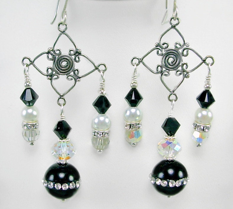 Onyx, Swarovski & Bali Silver Chandelier Earrings, Formal Earrings, Evening wear, Formal