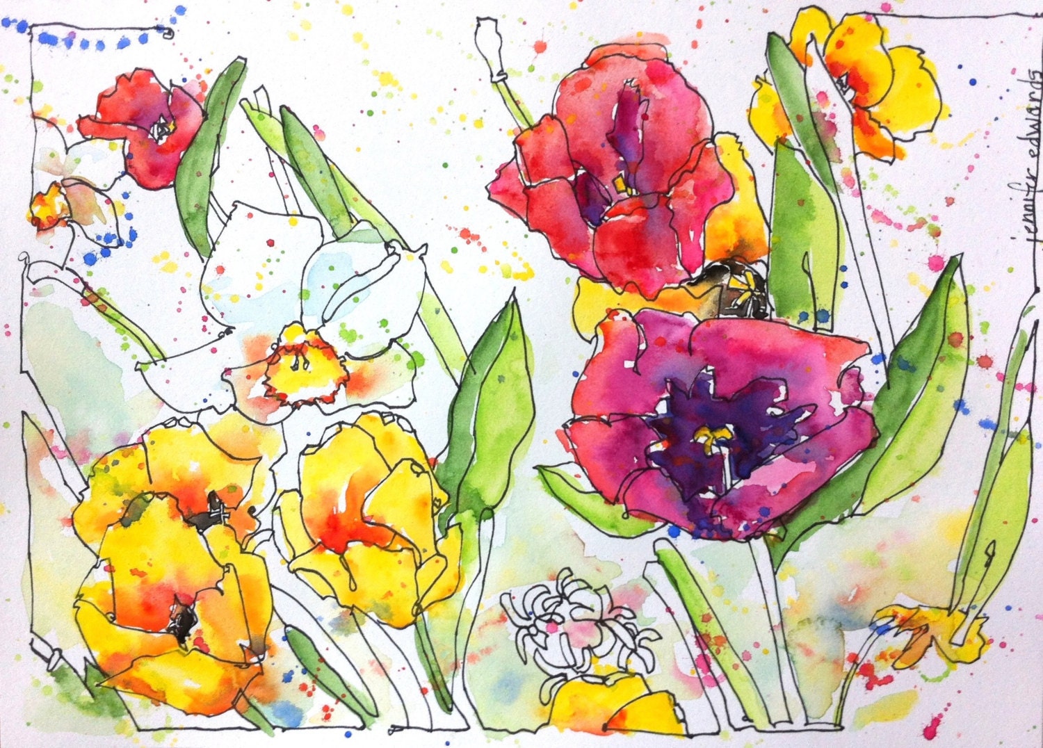 Tulip Dance. Original 9" x 12" Watercolor Painting by Jennifer Edwards