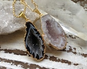 CAVERN / Raw Natural Gold Silver Plated Agate Druzy Geode Crystal Necklace Long Chain, Nature Inspired, Earth, Spring, Summer, Fashion