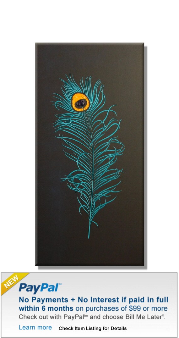 Peacock Feather. Original Handpainted Acrylic Thick 3d Texture Impasto Palette Knife Painting. Size 18 x 36.