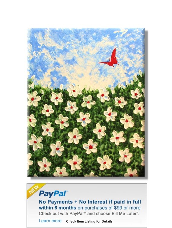 White Flowers with a Red Butterfly. Original Handpainted Acrylic Thick 3d Texture Impasto Palette Knife Painting. Size 24 x 30.