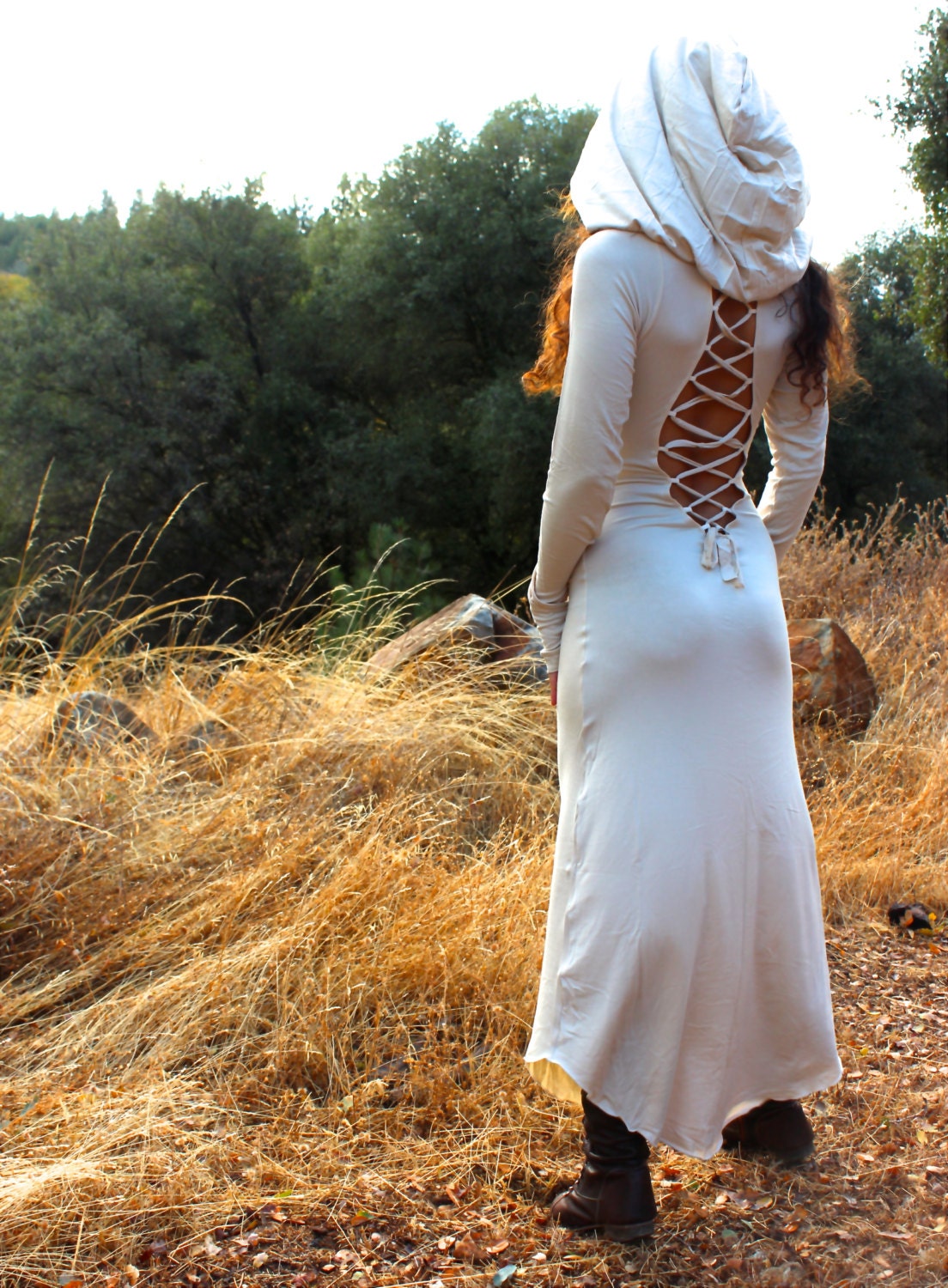 Nienna Hooded Dress With Sleeves N Open Back- gypsy, hippie dress, sexy, elf, elven, elvish, fairy, Bohemian