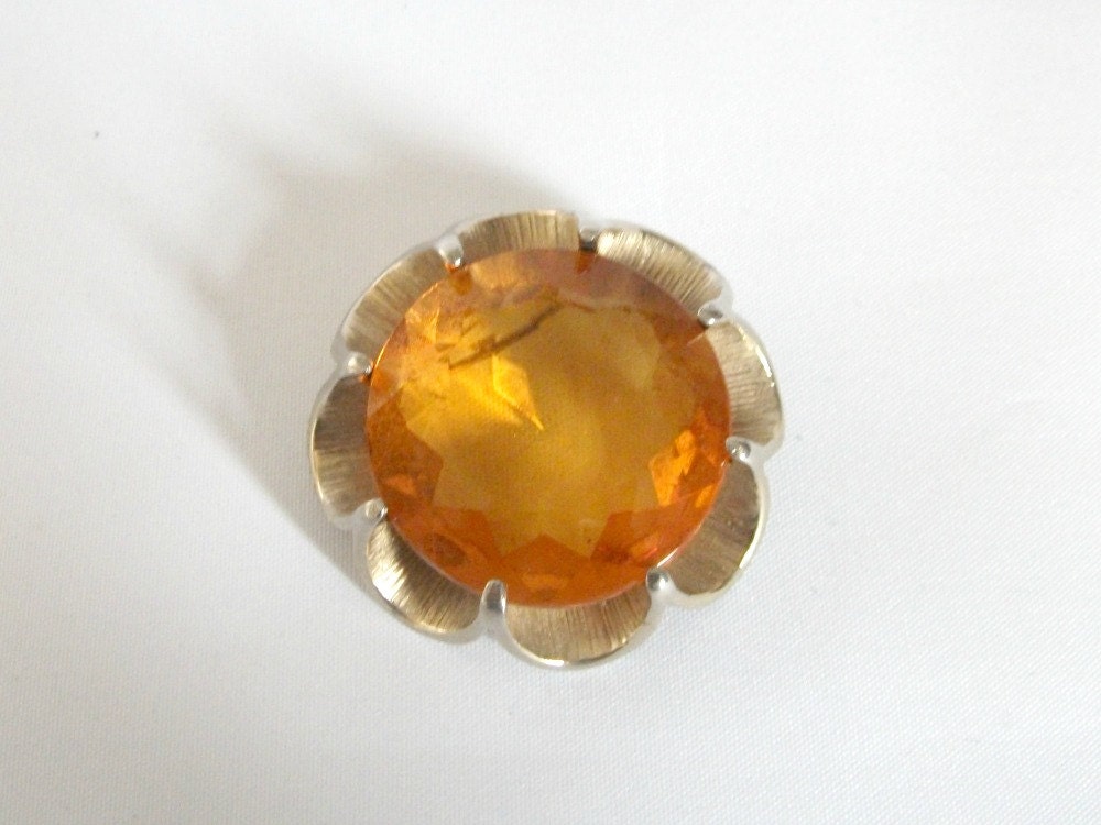 Vintage Amber Colour Glass Goldtone Brooch