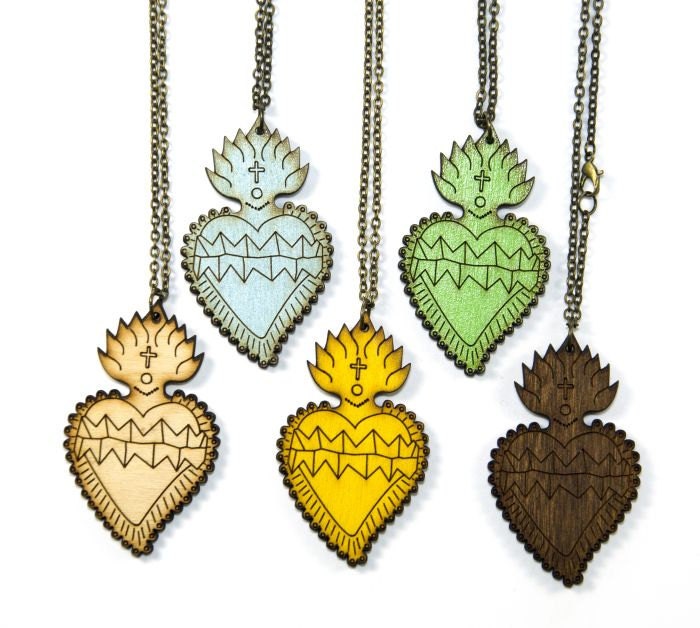 Wooden Sacred Heart Necklace