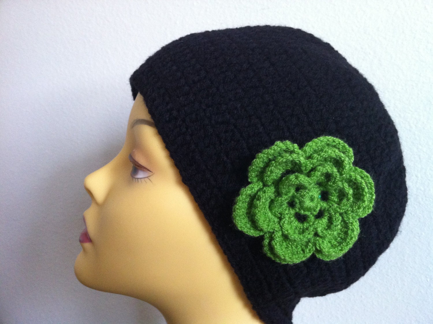 Women Beanie Hat With Flower in Black, Custom Order For Another Color, USA seller