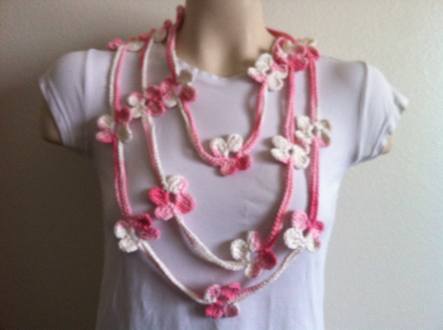 Crochet Pink Cotton Flower Lariat, Scarf, Necklace, Crochet Women Scarf, Usa seller