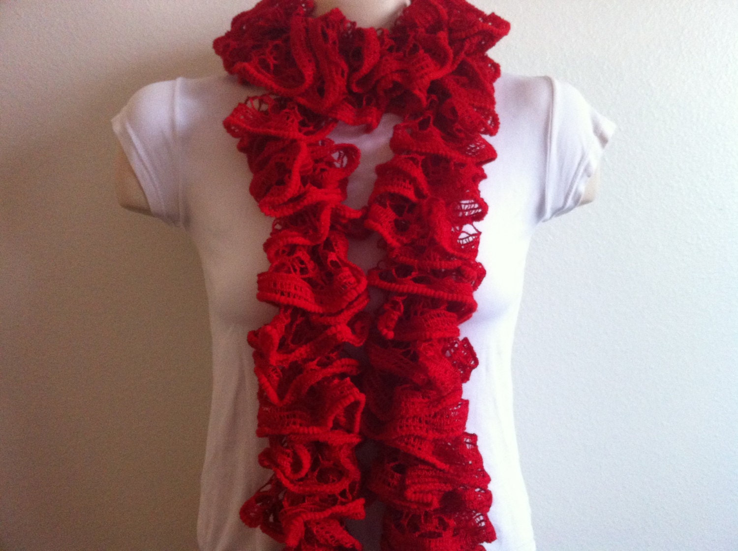 Knit Red Ruffle Scarf, Hand Knit Soft Frilly scarf, lace scarf, USA seller
