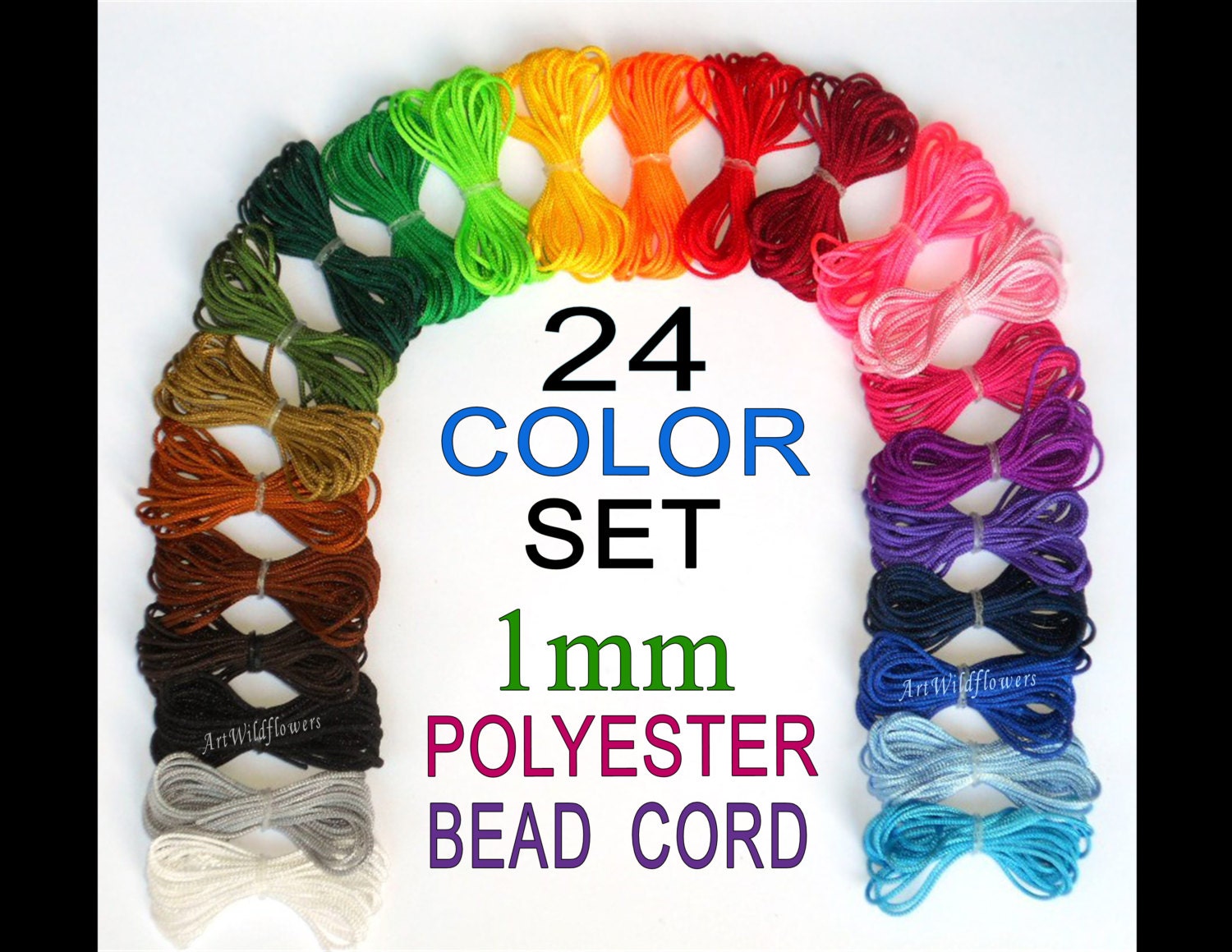 Polyester Beading Cord - 24 Color Set - Great For Shamballa Bracelets, Beading. Macrame