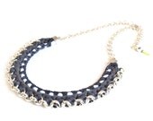 Tribal Necklace, Fabric Necklace, Crochet Bib, Dark Grey Ice Blue Jersey Yarn 50cm