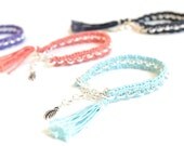 Romantic Tassel Bracelet, Crochet Bracelet, Mint Green and Silver Plated Chain