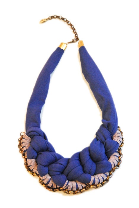 Statement Necklace Fabric Bib Purple Jersey Mauve Yarn Brass Copper Chain 46cm