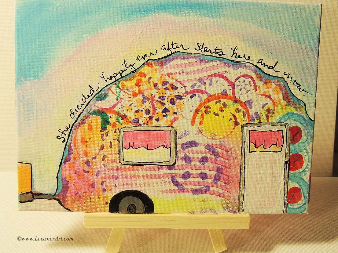 Original Mixed Media 5 x 7 Art Card Camper Glamping Happily Ever After