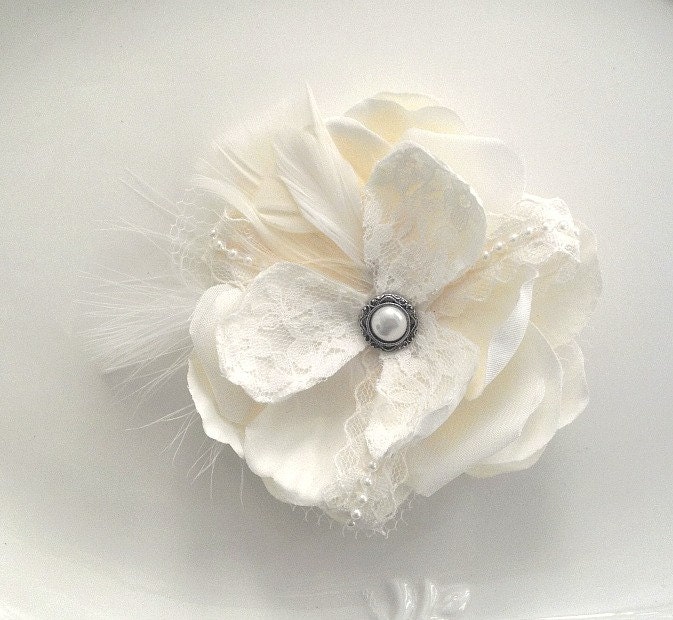 The TIFFANY Hairpiece--Ivory flower hairpiece with different laces, feathers, & pearl broach for center
