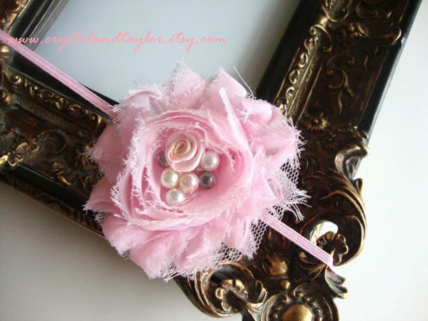 Beautiful Baby Girl Headband in Light Pink with Rosette, Pearls, and Rhinestones - Perfect for Photos