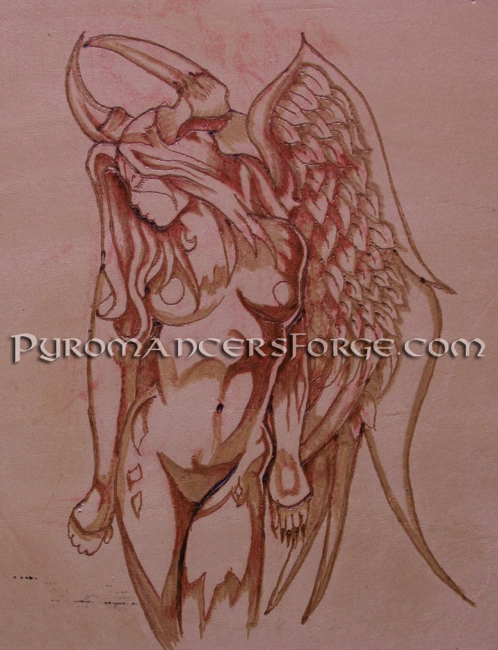Large Leather Tattoo: She-Devil patch custom pyrography