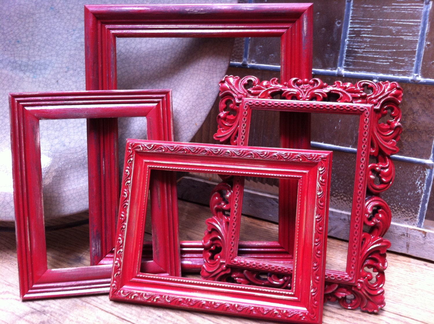 Gallery of Cranberry Painted Distressed Vintage Frames Set Unique Home Decor Hollywood Regency Apartment Decor