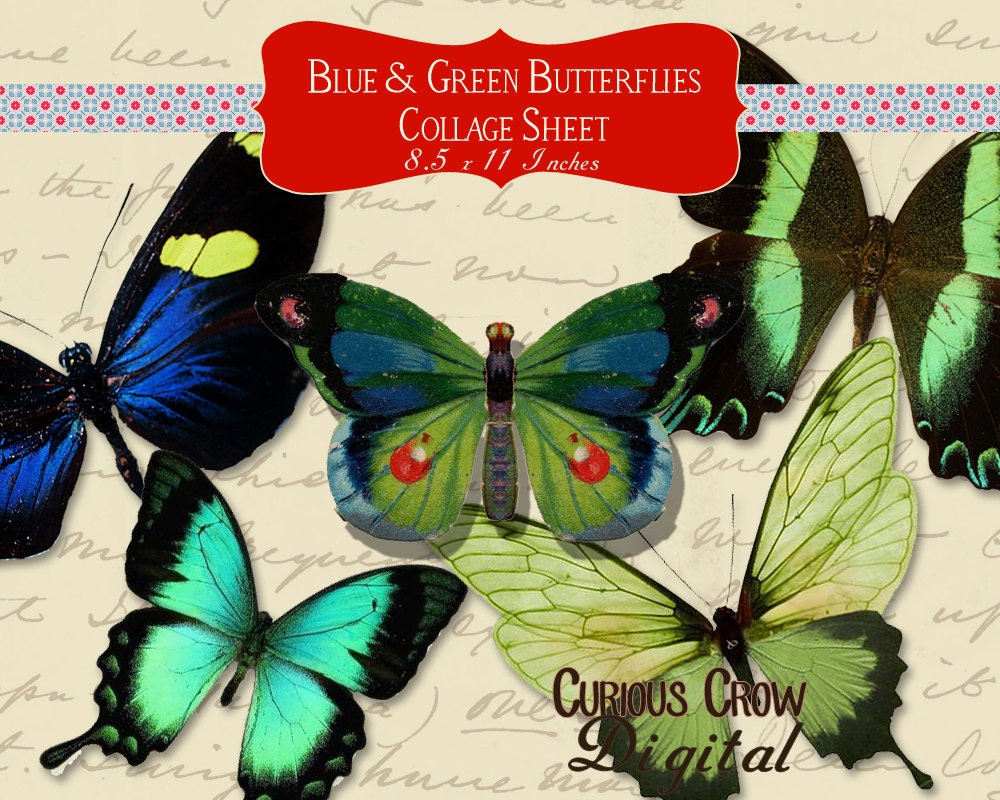Blue and Green Butterflies Digital Collage Sheet - INSTANT Printable Download
