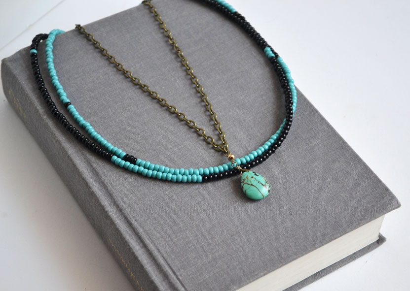 Turquoise Multi Strand Bead Necklace, Turquoise Summer Beach Necklace, Tribal Blue Stone Necklace, Blue and Black Seed Beads