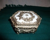 Vintage Gold Plated Trinket box with Camelia and Rose Accents Circa 1950s Only 10 USD