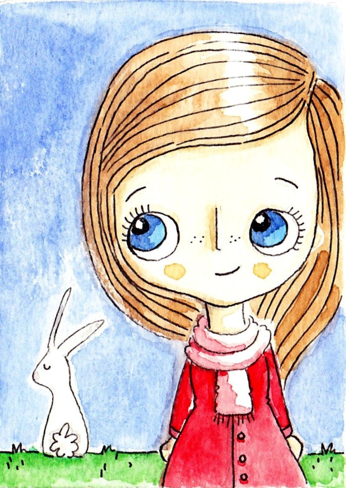 Bunny and Cute Girl Art Original Watercolour ACEO