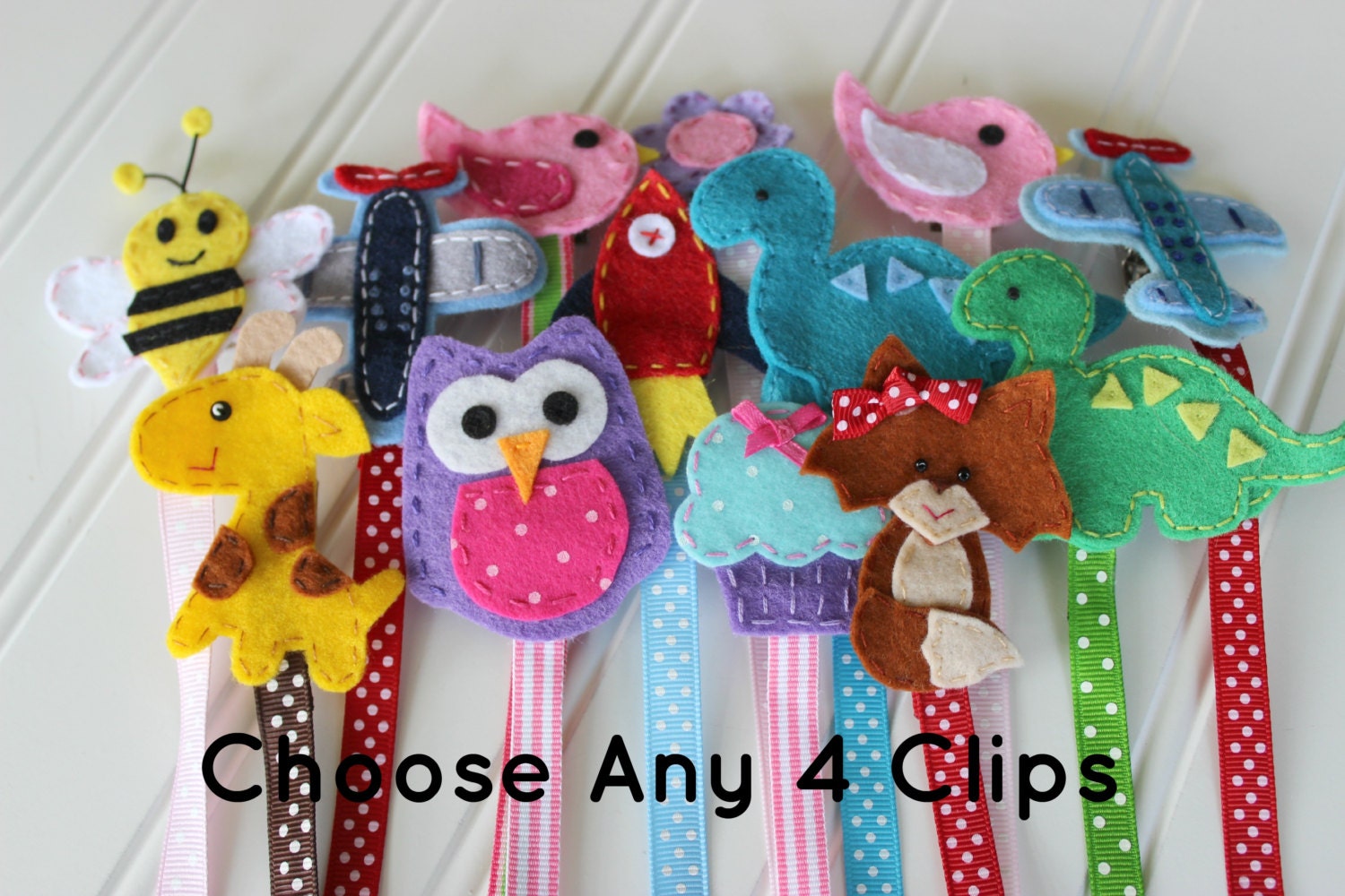 Choose Any 4 Felt Pacifier Clips - Owl, Elephant, Airplane, Dinosaur, Fox Binky Clip - Wee and Me