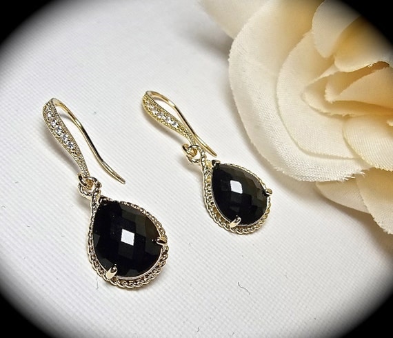 Black and gold earrings - Bridal jewelry - 14k Gold over Sterling Cubic Zirconia ear wires - Formal earrings - Bridesmaids