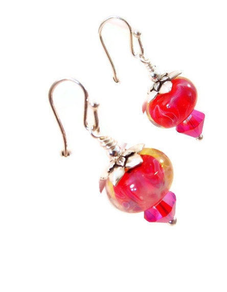 Fuchsia Lampwork Bead Earrings - Cranberry Handmade Glass Earrings - SRA Lampwork Bead Earrings