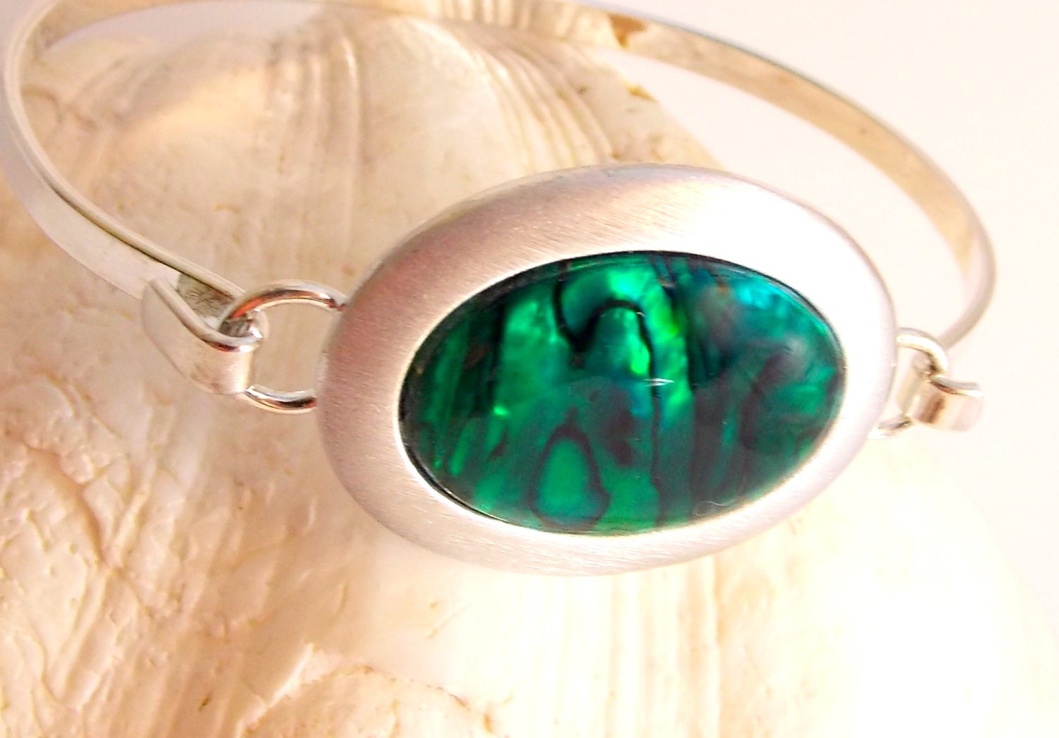 Emerald Green Abalone Puka Shell Silver Bangle Bracelet