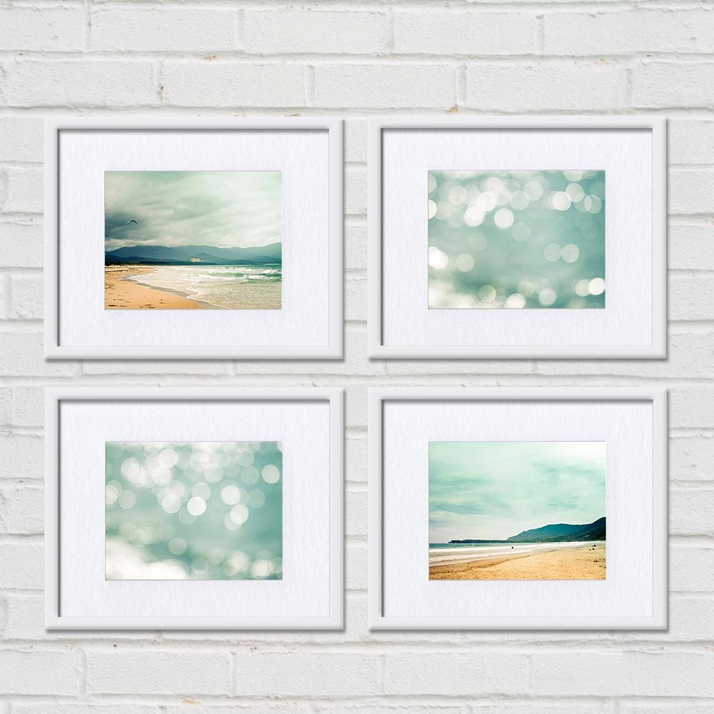 8x10 photo set nautical decor beach photography coastal prints abstract ocean photography teal gold sand seagull birds in flight summer mint
