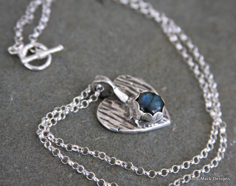 PMC heart pendant necklace, fine silver, labradorite stone, bezel set, blue flash, sterling silver chain, Mother's Day Gift