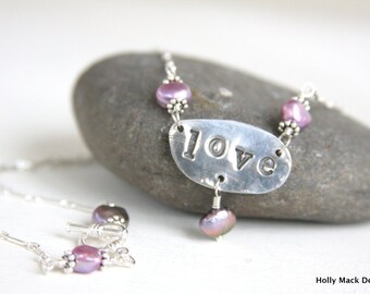 Handcrafted necklace made of PMC, love charm, wire wrapped lavender freshwater pearls, sterling silver chain, Mother Day Gift