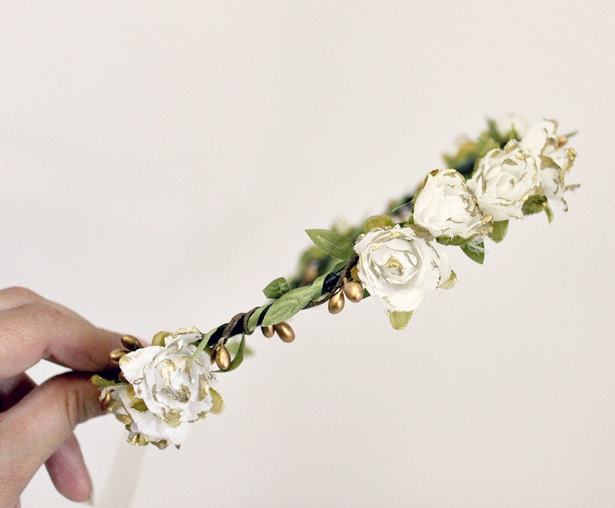 White Gold Rose Floral Crown, Flower Crown. Woodland, Spring, Hair Wreath, Bridal, Hair Accessories, Floral, Bohemian Halo