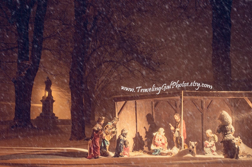 Travel photography gold green yellow brown dreamy fairytale nativity New England winter snow night lights 11x14 fine art photo