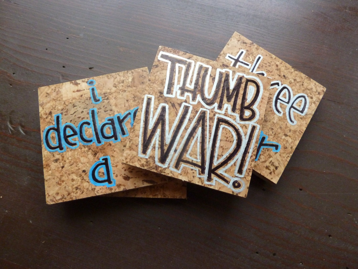 Hand Painted Cork Coaster Set - "Thumb War" in Blue and Silver (ooak)