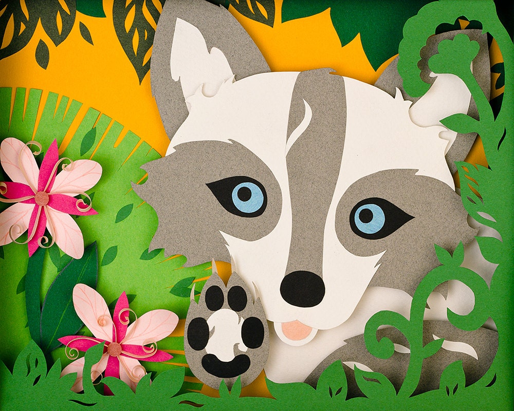 Springpaw the Fox 10 x 8. Print of a hand cut paper sculpture. Inspired by the cute arctic foxes that frolic amongst the flowers