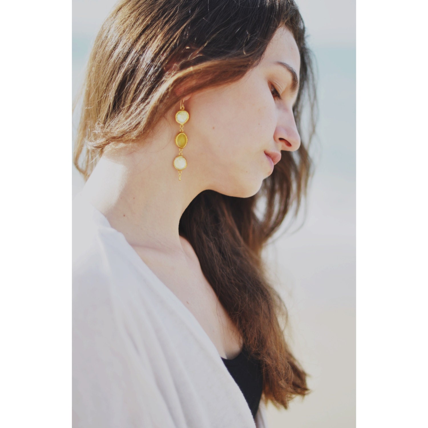 golden spring extra long lemon sunshine pastel yellow gold stone pearl earring elegant gemstone glam fashion jewelry israel